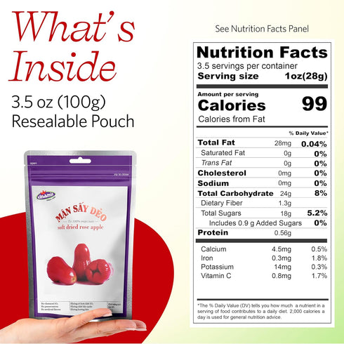 Pack 3 3.5 oz Vinamit Soft Dried Rose-Apple | Dried Plums of Bag | Chewy Exotic Fruit Snacks | Vegan, Gluten-Free |