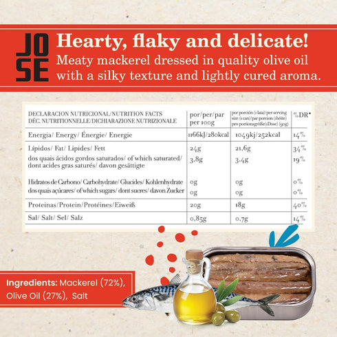 3, 125g Canned Mackerel Fillets in Olive Oil by Jose Gourmet, Wild Caught Portuguese Mackerel, Tinned Fish in Olive