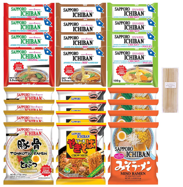 Pinstar Premium Sapporo Japanese Ramen Variety Pack, 6 Traditional Authentic Flavors - Original, Beef,