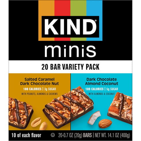 Pack, 20 Count KIND Mini Snack Bars Variety Gluten Free, Low Sugar, Low Calorie Snacks, Salted Caramel Dark Chocolate