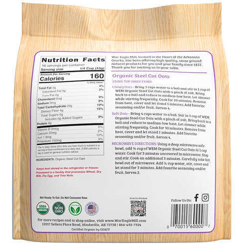 24 oz (2 Pack) War Eagle Mill Organic Steel Cut Oats, Bag