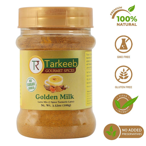 Tarkeeb Golden Milk 7-Spice Turmeric Latte Blend 3.53oz (100g) - All Natural | Caffeine-Free | Vegan | Golden Milk Powder with Turmeric, Ginger & More | Gluten-Free | NON-GMO | Golden Tea Mix | No Sugar Added | Indian Origin |