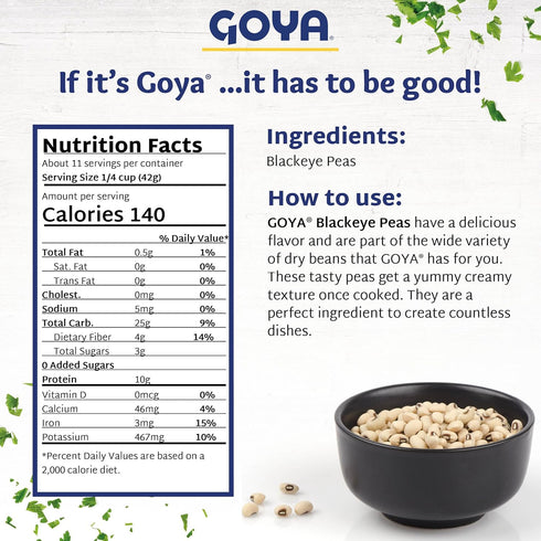 Pack 2 (16 oz Goya Black Eyed Peas Dry, Creamy and Flavourful Frijoles Goya Pintos, Pantry Staple, of Bags)