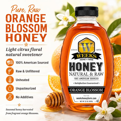 32 oz Pure Raw Unfiltered Orange Blossom Honey, - Premium American Sourced by Weeks Honey Farm | Light Citrus Floral
