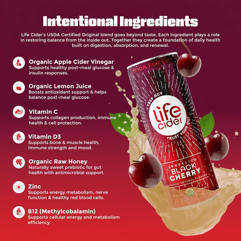 4 Pack, B12, D3 Life Cider Black Cherry Apple Cider Vinegar Soda, Organic Sparkling AVC Drink, Natural Flavors