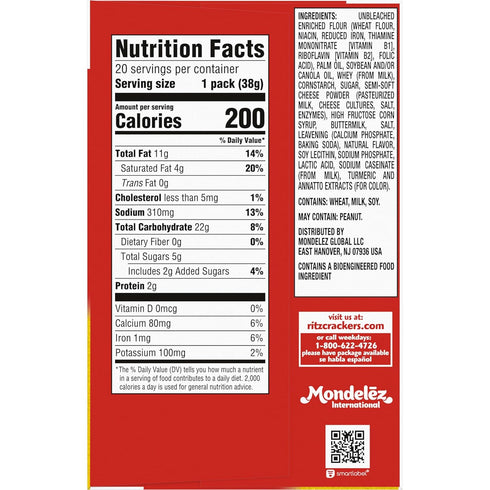 20 Packs (6 Pack) RITZ Cheese Sandwich Crackers, Lunch Snacks, Snack Crackers Per