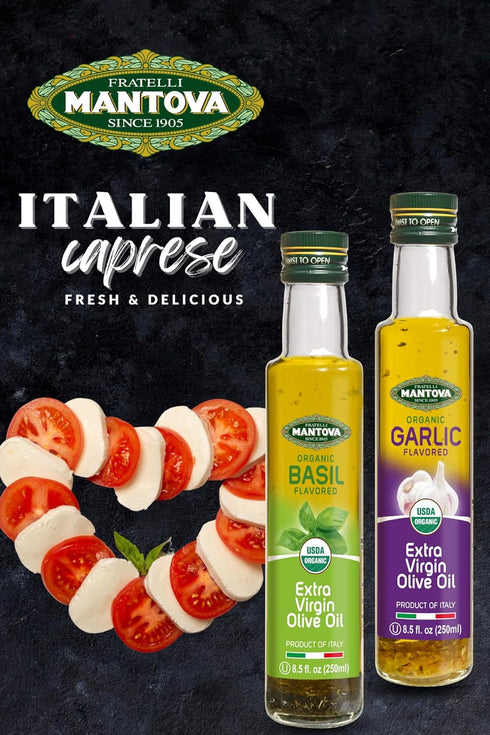 Pack (8.5 oz Pack 4) Mantova Organic Flavored Extra Virgin Olive Oil Variety Garlic, Basil, Chili, and Lemon Bottles