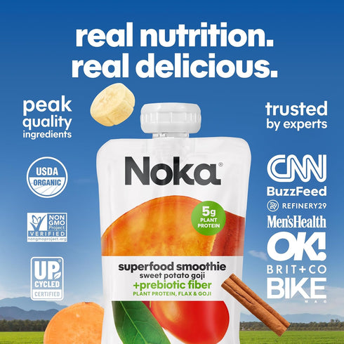 4.22 oz, 6 Count Noka Superfood Fruit Smoothie Pouches, Sweet Potato Goji, Healthy Snacks with Flax Seed, Plant Protein