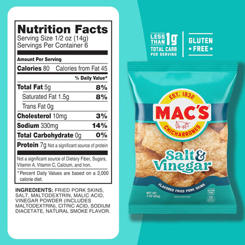 3oz (12-Pack) Mac's Salt & Vinegar Fried Pork Skins - Salt & Vinegar Flavored Chicharrones Pork Rinds - Low Carb