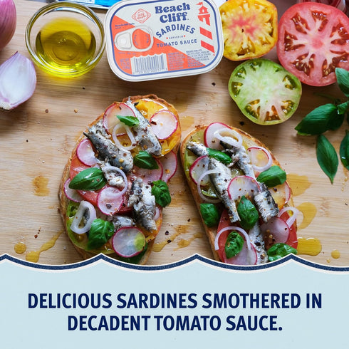 3.75 oz 16g Beach Cliff Wild Caught Sardines in Tomato Sauce, Can - Protein per Serving - Gluten Free, Keto Friendly