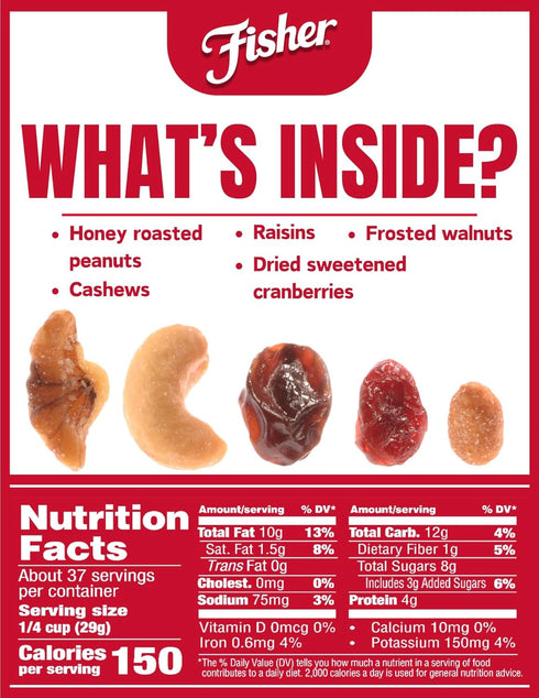 38 oz (Pack 1), Fisher Snack Sweet Nut Bulk Trail Mix, of Honey Roasted Peanuts, Raisins, Frosted Walnuts, Cashews