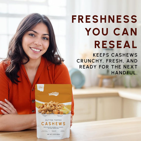 15 oz Snackathon Butter Toffee Cashews, Resealable Bag, Made in USA, All-Natural Fresh Roasted Nuts Coated in a Crunchy