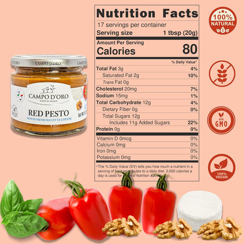 6.35 oz, CAMPO D'ORO - Red Pesto Sauce Italian Tomato Sauce with Fresh Ricotta Cheese