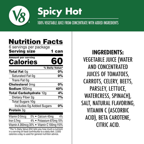 V8 100% 11.5 oz (6 Pack) Spicy Hot Vegetable Juice, fl Can