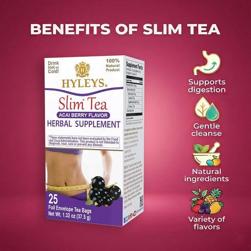 25 (1 Pack) HYLEYS Slim Tea Acai Berry Flavor - Weight Loss Herbal Supplement Cleanse and Detox - Tea Bags