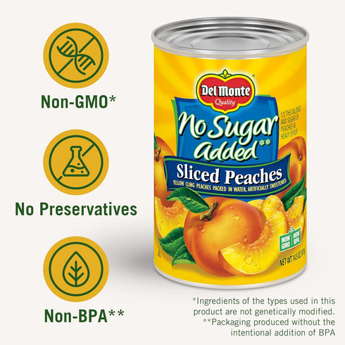 6-Pack, 14.5 oz DEL MONTE No Sugar Added Yellow Cling Sliced Peaches, Canned Fruit, Can