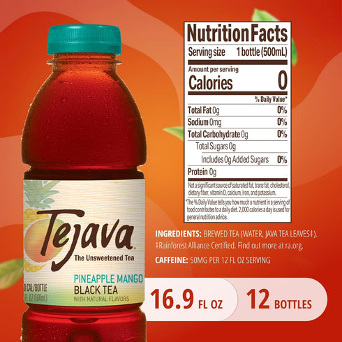 12 Pack, 16.9oz Tejava Pineapple Mango Black Iced Tea, PET Bottles, Unsweetened, Non-GMO, Kosher, No Sugar