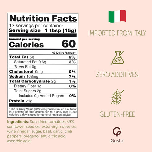 6.35oz Gusta Sun-Dried Tomato Pate - Made in Italy Dip or Spread - Paste of Sundried Tomatoes in Jar with Extra Virgin