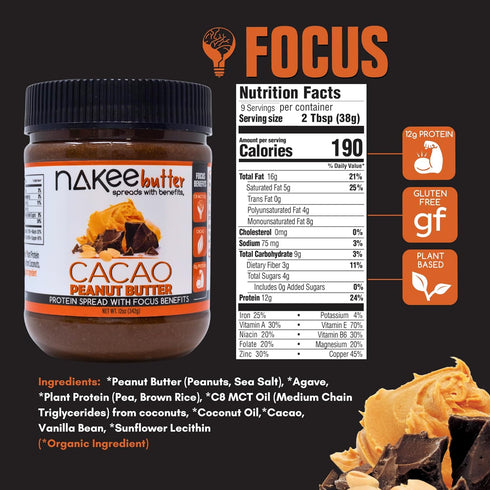 C8 Nakee Butter Focus Cacao Peanut Butter Jar - Gluten-Free, High-Protein, Keto, Low-Carb, & MCT Oil