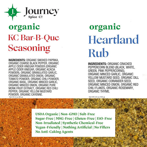 Set Gourmet Organic KC Bar-B-Que Seasoning & Organic Heartland Rub Gift by Journey Spice Co. | Non-GMO | Salt-Free |
