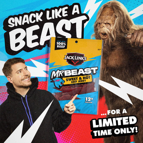 (10 Pack) 1.25 oz 12g 100% Jack Link's x MrBeast Sweet & Hot Beef Jerky - Bag - Ready to Eat Protein Snacks - Protein