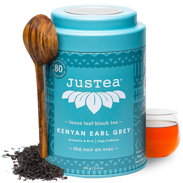JusTea KENYAN EARL GREY Loose Leaf Black Tea, 3.2oz Tin with Hand Carved Tea Spoon, High Caffeine