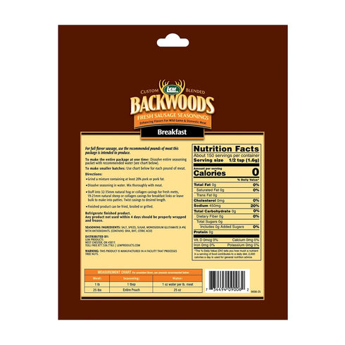 25 8.3 Packet LEM Products Backwoods Breakfast Fresh Sausage Seasoning, Ideal for Wild Game and Domestic Meat, Seasons