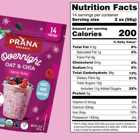 28 oz 2 Pack Prana Organic Overnight Chia with Oats Berry Fairy | Rich in Fiber & Protein, Vegan, Non-GMO | Ready