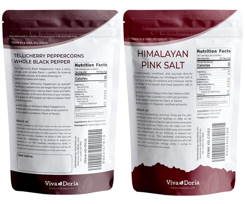 12 oz 2 lb 2 Set Viva Doria Tellicherry Whole Black Peppercorns, & Himalayan Pink Salt, Coarse Grain, | Salt and Pepper