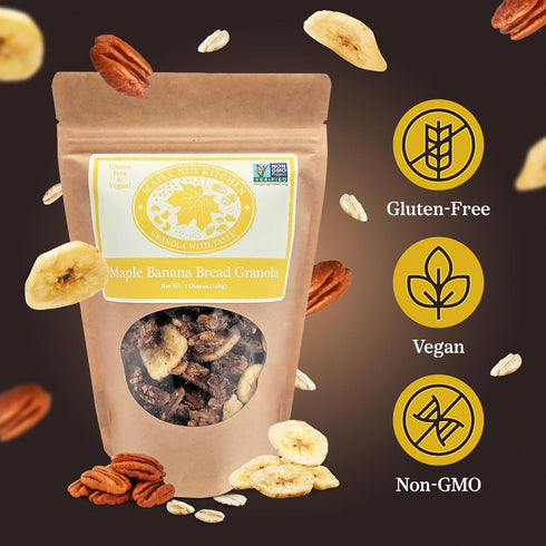7 Maple Nut Kitchen Banana Bread Granola Gluten-Free Oats, Maple Syrup & Pecans Crunchy Vegan Cereal with Dried