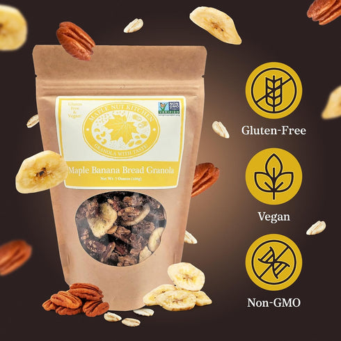 3 Pack Maple Nut Kitchen Banana Bread Granola Gluten-Free Oats, Maple Syrup & Pecans Crunchy Vegan Cereal with Dried