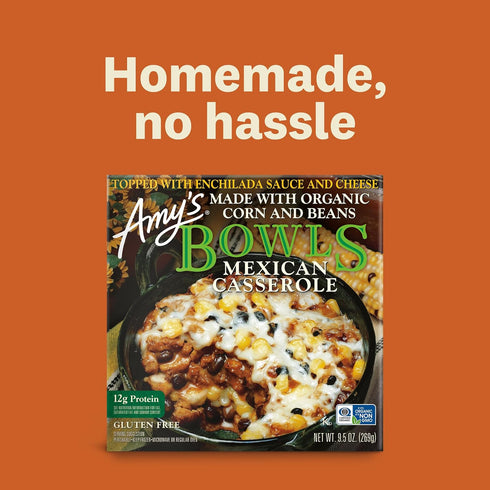 Frozen 9.5 oz. Amy's Meals, Mexican Casserole Bowl, Made with Organic Tomatoes, Corn and Black Beans, Gluten Free