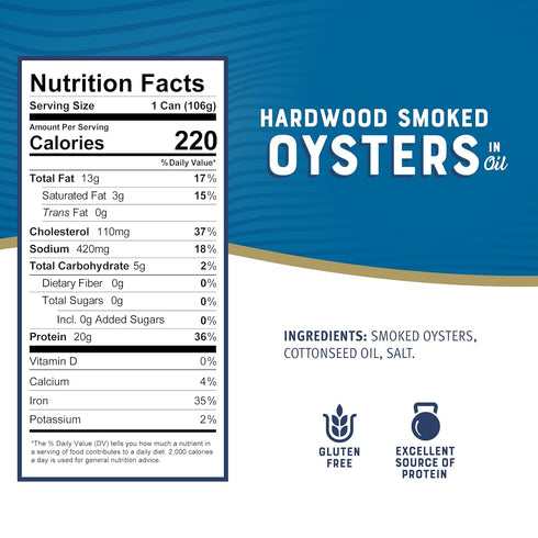 3.75 oz (Pack 12) 18g Bumble Bee Canned Hardwood Smoked Oysters, Cans of - Ready to Eat - Protein per Serving - Gluten