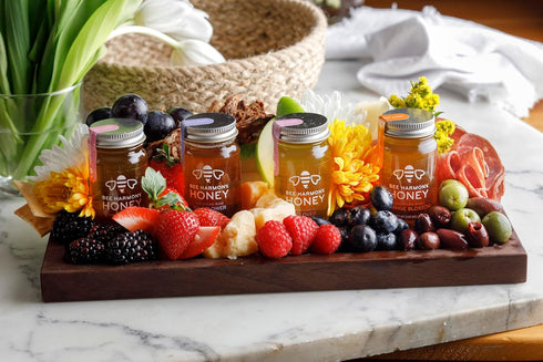 Set, 4 3 OZ Bee Harmony Classic Honey Flight, Mini Honey Gift Jars, Each, Premium, Raw, Made in the USA
