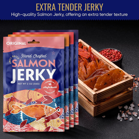 Premium Aufschnitt Products Pack 4 Pack Aufschnitt Kosher Salmon Jerky Variety Spicy, Original, Peppered, Teriyaki