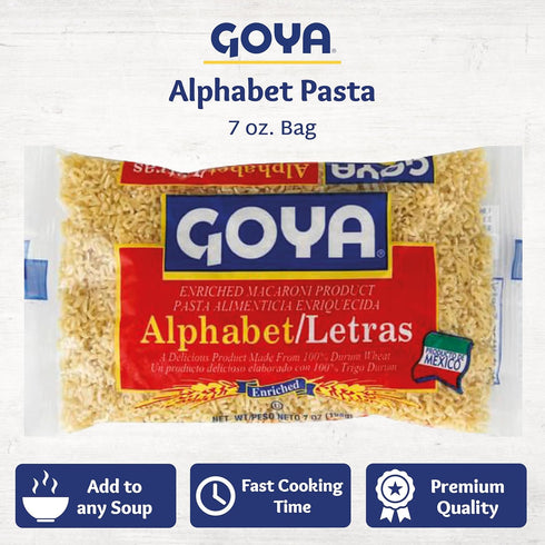 7oz Alphabet Pasta by Goya, Fun Pasta Noodles for Soups, Stews, and Side Dishes, Mexican Noodles, Bag