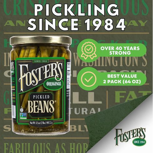 32oz, 2 Pack, 40 Foster's Pickled Green Beans in a Jar, Original, Traditional Pickled Vegetables Recipe for over years