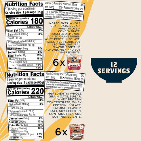 10g 2 Pack, (Pack 12) Quaker Instant Oatmeal Express Cups, Protein Flavor Variety