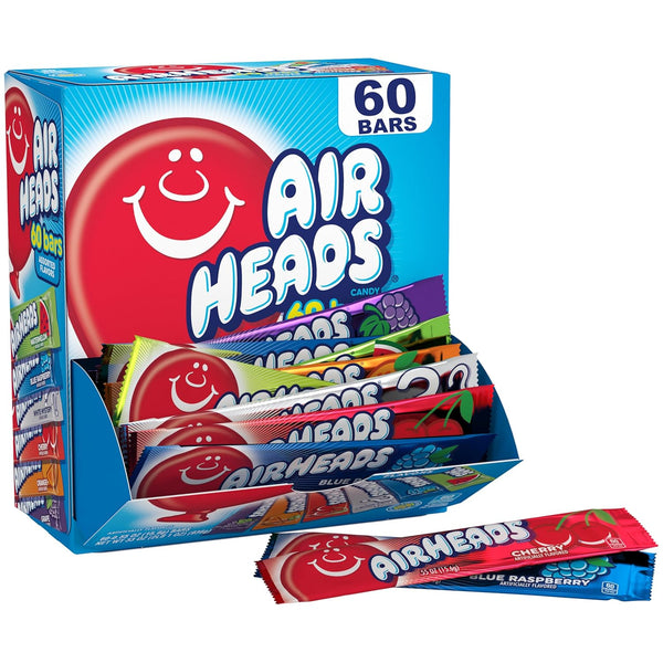 Airheads Candy Bars, Variety Bulk Box, Chewy Full Size Fruit Taffy, 60 Individually Wrapped Bars