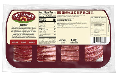 Wellshire Farms 8oz Uncured Smoked Beef Bacon Made from Pasture-Raised Beef with No Antibiotics or Added Hormones, Bold