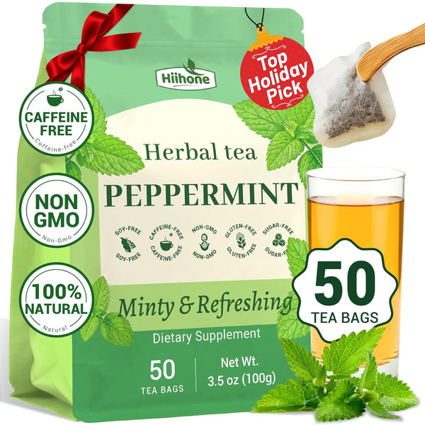 Hiihone Peppermint Tea Bags 50 Count Pure Peppermint Mint Tea, Caffeine-Free Herbal