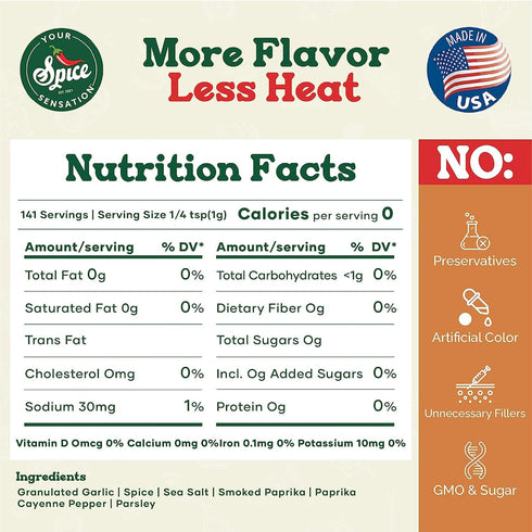 More Flavor Less Heat by Your Spice Sensation - Multi-Purpose Spice Seasoning, Low Salt/Low Sodium, Gluten-Free, BBQ, No Sugar, Vegan, Paleo, Keto Friendly, Grilling, BPA-Free Packaging