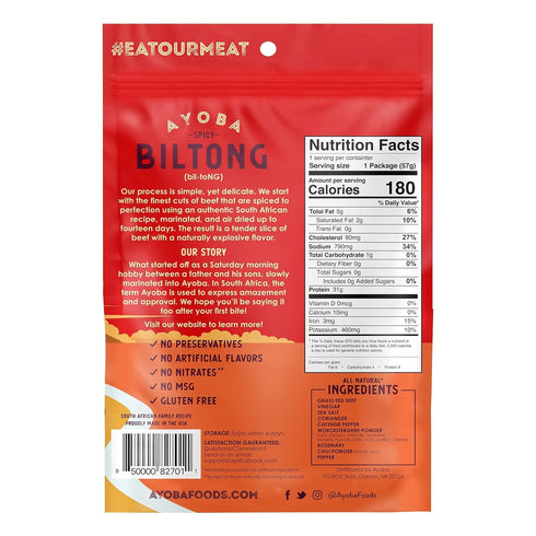 Ayoba Spicy Grass Fed Beef Biltong Slices (2 Ounce, Pack of 3) - Keto Friendly Air-Dried Beef Paleo Snacks