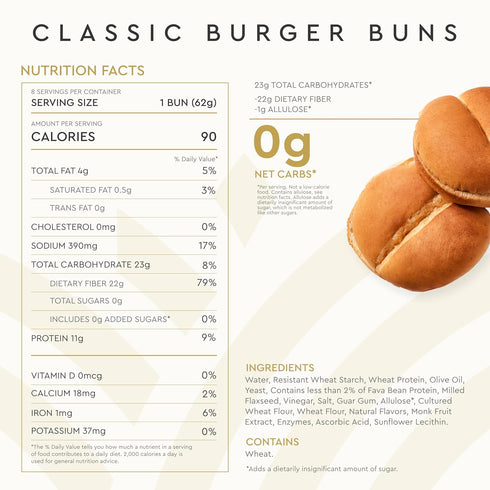 0g 0g 90 (16 Pack 2) Hero Classic Hamburger Buns - Burger Buns | Net Low Carb Buns | High Fiber, Net Carbs, Sugar