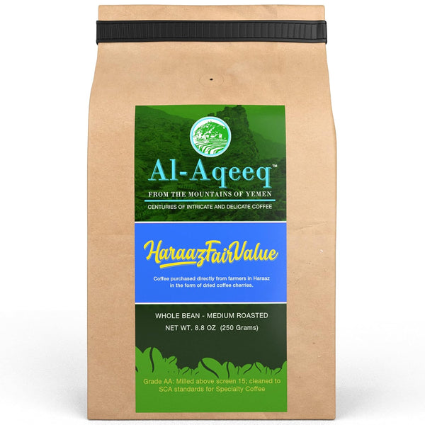 Al-Aqeeq Whole Bean Yemen Coffee - Haraaz Region, Specialty Organic Arabica, Low Acid Medium Roast, Freshly Roasted
