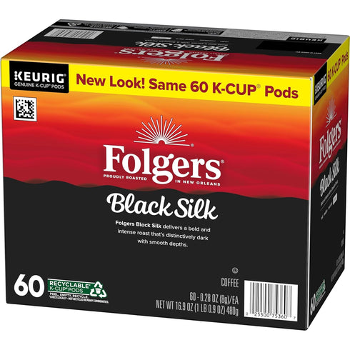 10 Count (Pack 6) Folgers Black Silk Coffee, Dark Roast, Keurig K-Cup Pods, Box