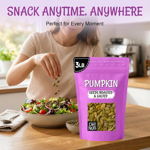 3 lb Packed Oh! Nuts Pumpkin Seeds - Roasted Salted - - No Shell Pepitas - in New York Zip-Seal Bag for Exceptional