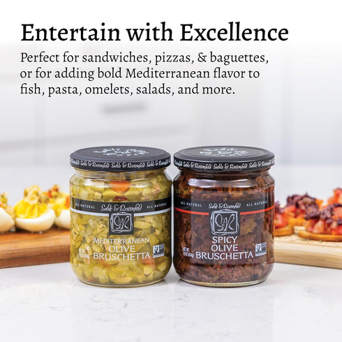 Pack 16 oz Sable & Rosenfeld Olive Bruschetta Variety (Mediterranean & Spicy) Jars, Olive Tapenade Spread