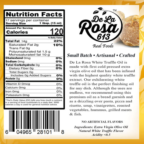 8.45 Oz (Pack 1) De La Rosa White Truffle Oil, First Cold Pressed, Vegan, Kosher, Non-GMO & Gluten Free, Drizzle Over