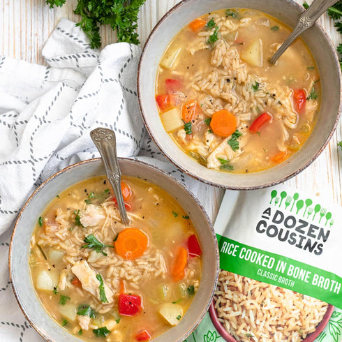 Dozen 6pk, 8oz Packets A Cousins Classic Bone Broth Rice Ready to Eat Seasoned High Protein Rice, Clean Ingredients